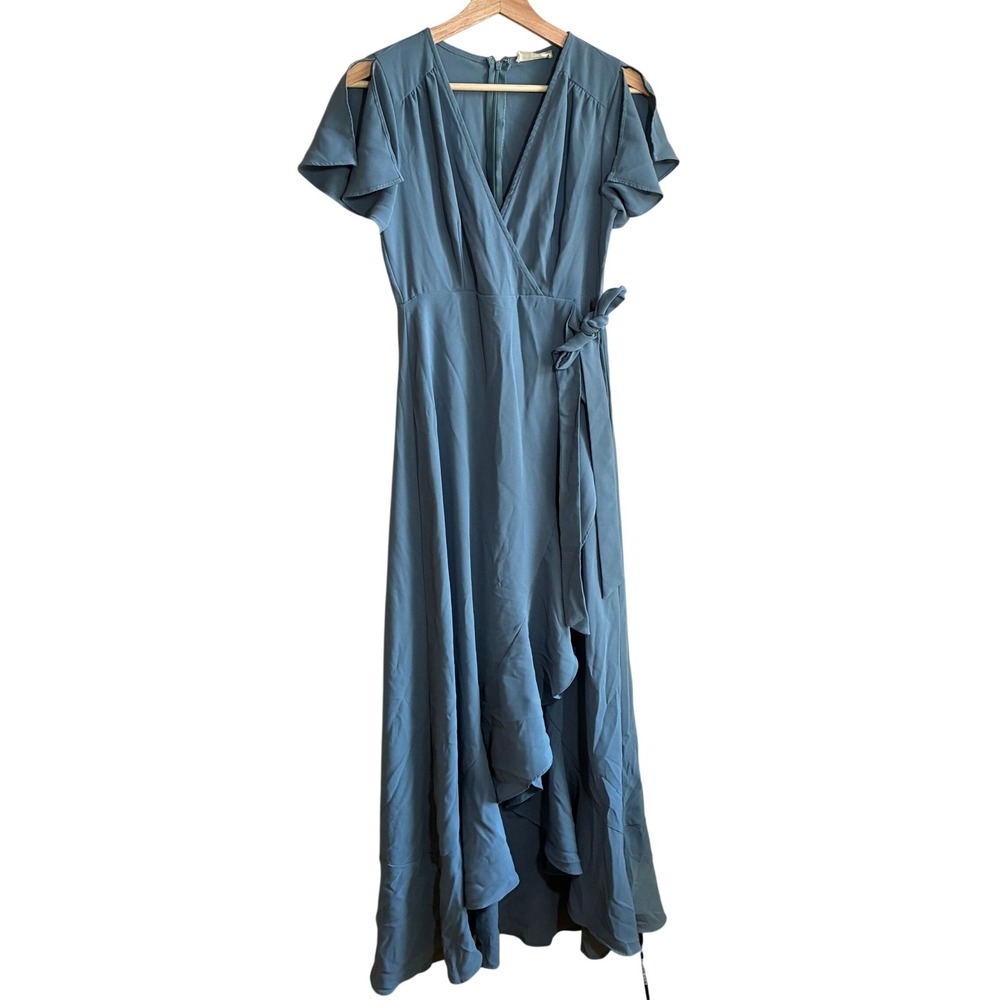 Altar'd State Ruffle High Low Maxi Dress S Blue Womens Flutter Sleeve Chiffon